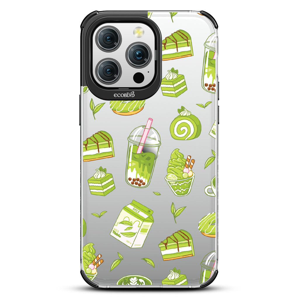 iPhone 15 Pro Max case, clear eco-friendly phone case with black ridges, back view, So Matcha More design