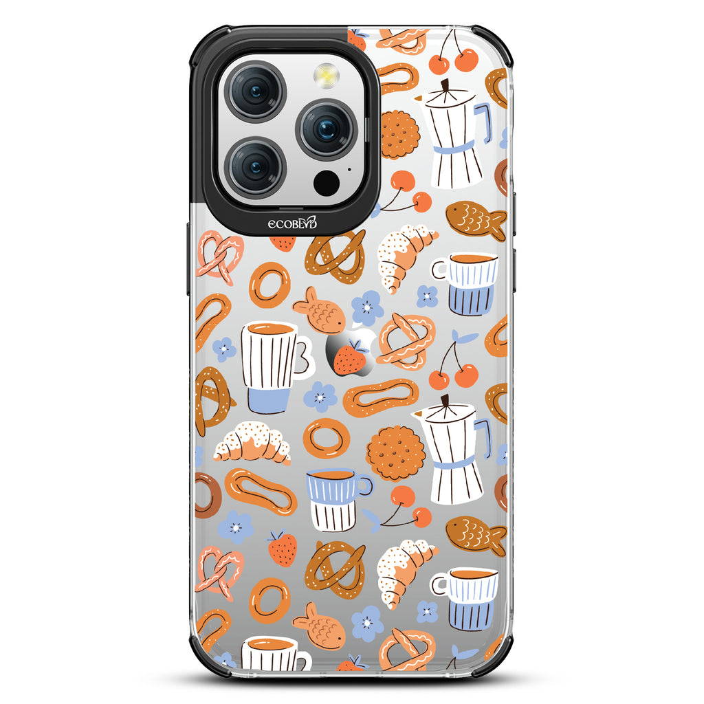 iPhone 15 Pro Max case, clear eco-friendly phone case with black ridges, back view, The Breakfast Club design