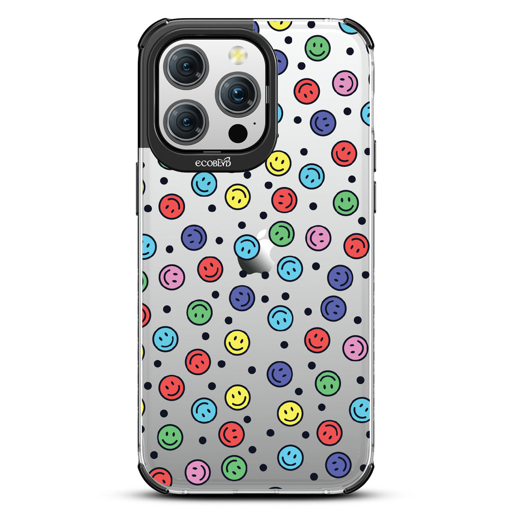 All Smiles - Multi Colored Smiley Faces & Black Dots - Eco-Friendly Clear iPhone 15 Pro Max Case With Yellow Rim