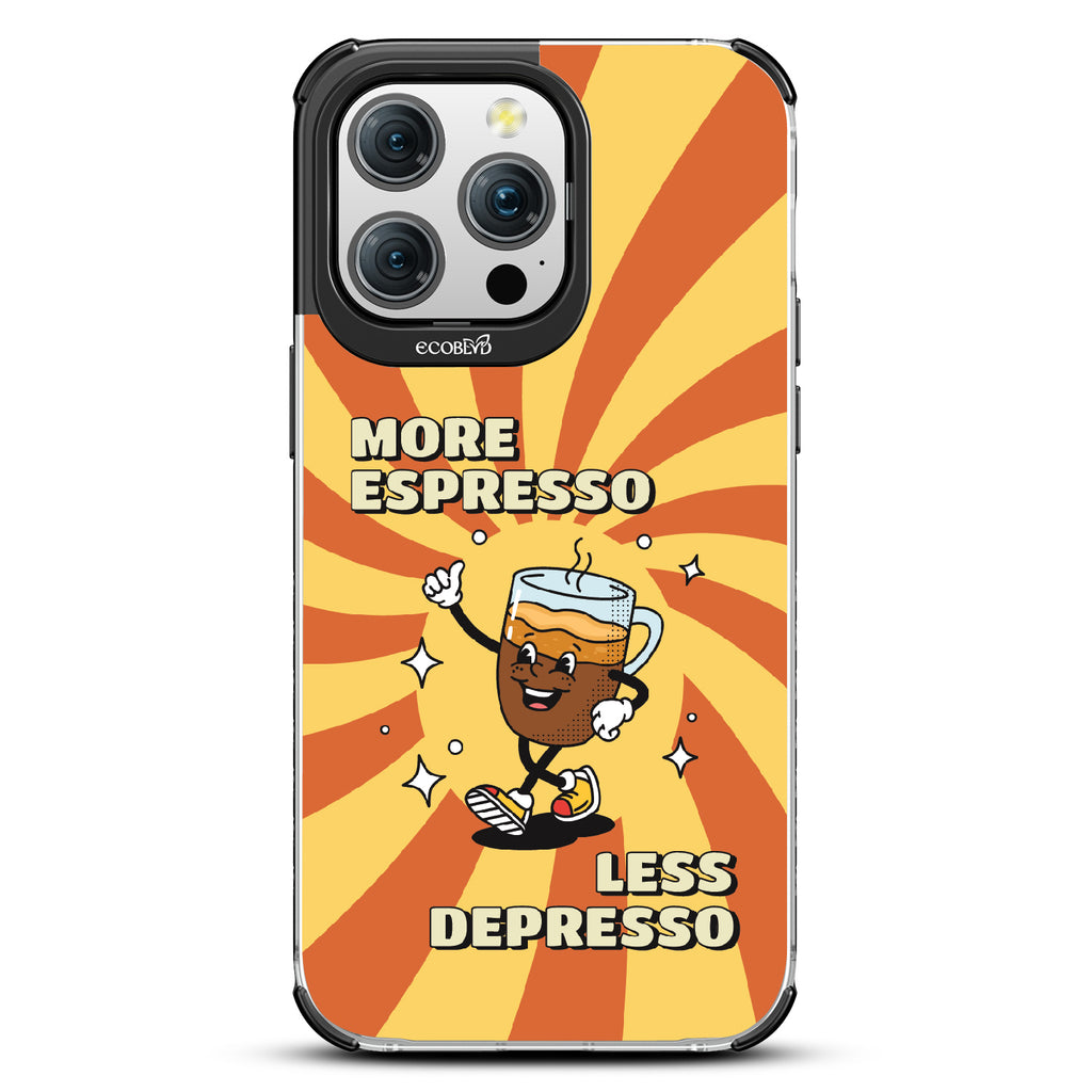 iPhone 15 Pro Max case, clear eco-friendly phone case with black ridges, back view, More Espresso design