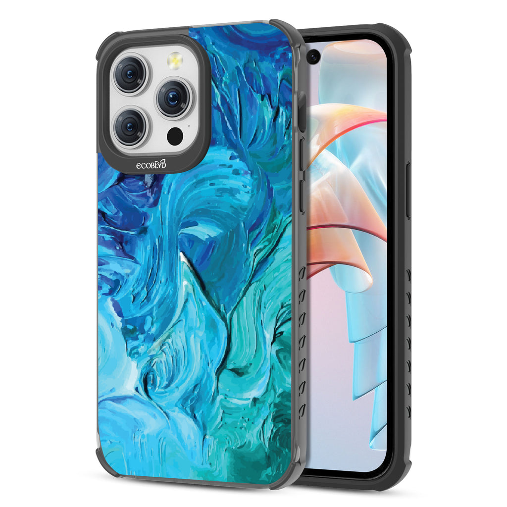 Front and back view of iPhone 15 Pro Max case, clear compostable phone case with black ridges, Oceanswept design