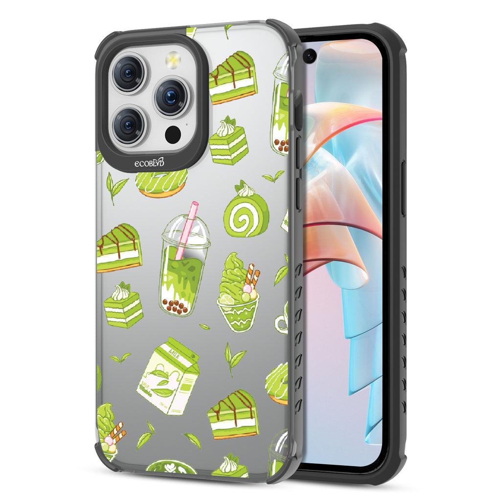 Front and back view of iPhone 15 Pro Max case, clear compostable phone case with black ridges, So Matcha More design