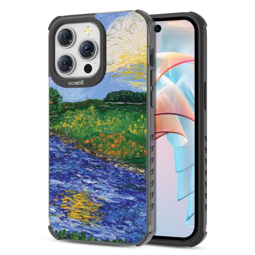 Front and back view of iPhone 15 Pro Max case, clear compostable phone case with black ridges, Field of Vision design