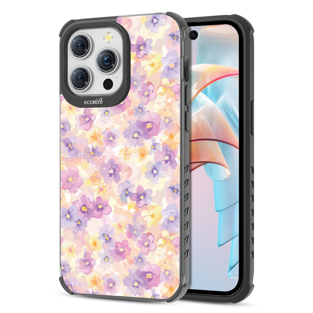 Front and back view of iPhone 15 Pro Max case, clear compostable phone case with black ridges, Flowering Thoughts design
