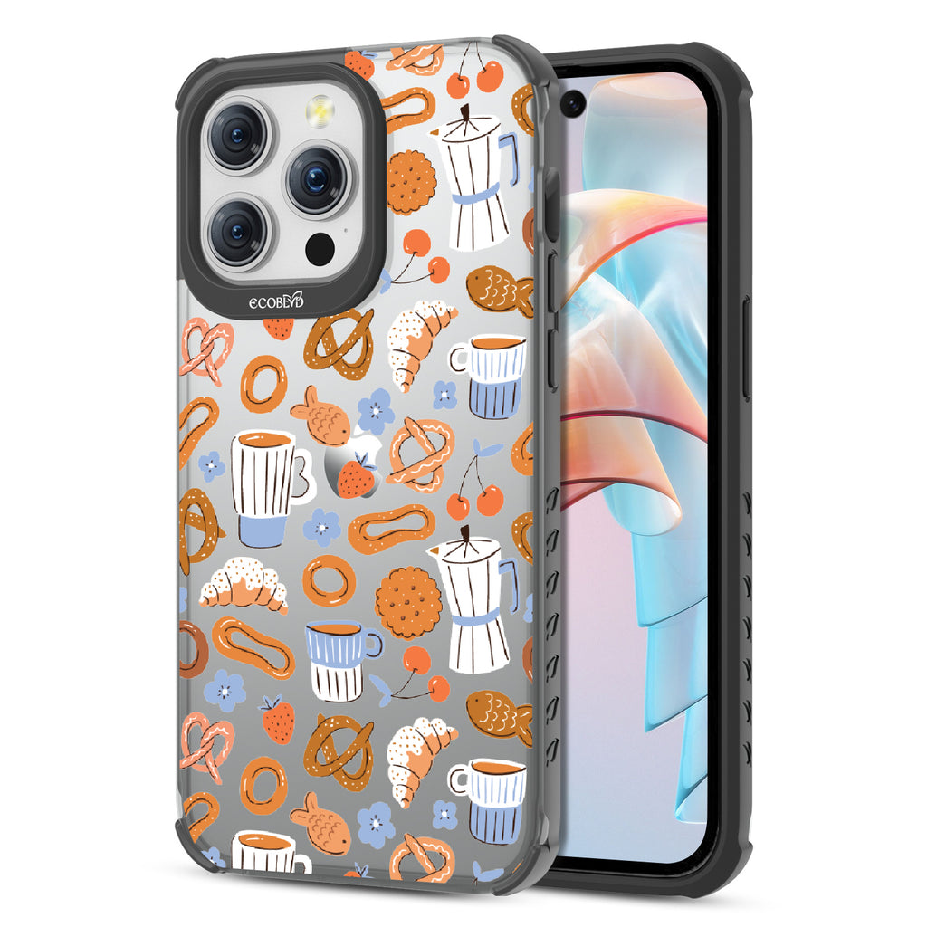 Front and back view of iPhone 15 Pro Max case, clear compostable phone case with black ridges, The Breakfast Club design