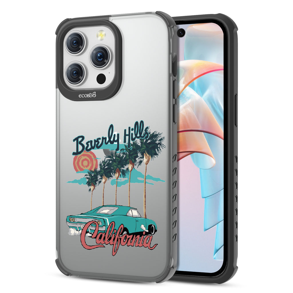 Front and back view of iPhone 15 Pro Max case, clear compostable phone case with black ridges, 90210 design