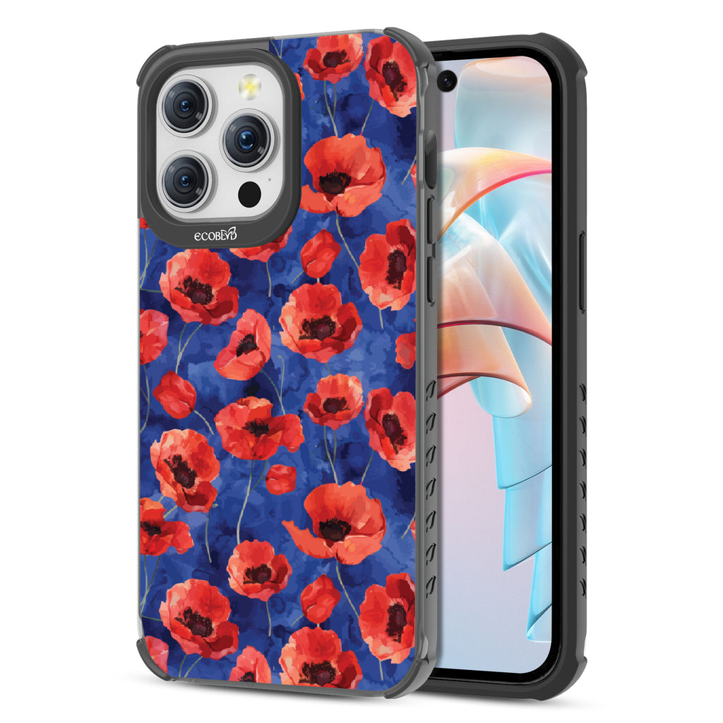 Front and back view of iPhone 15 Pro Max case, clear compostable phone case with black ridges, Dream Bouquet design