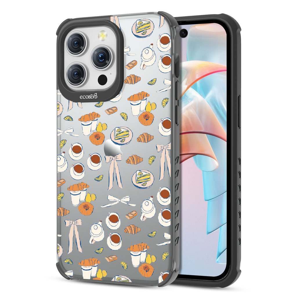 Front and back view of iPhone 15 Pro Max case, clear compostable phone case with black ridges, Tea Time  design