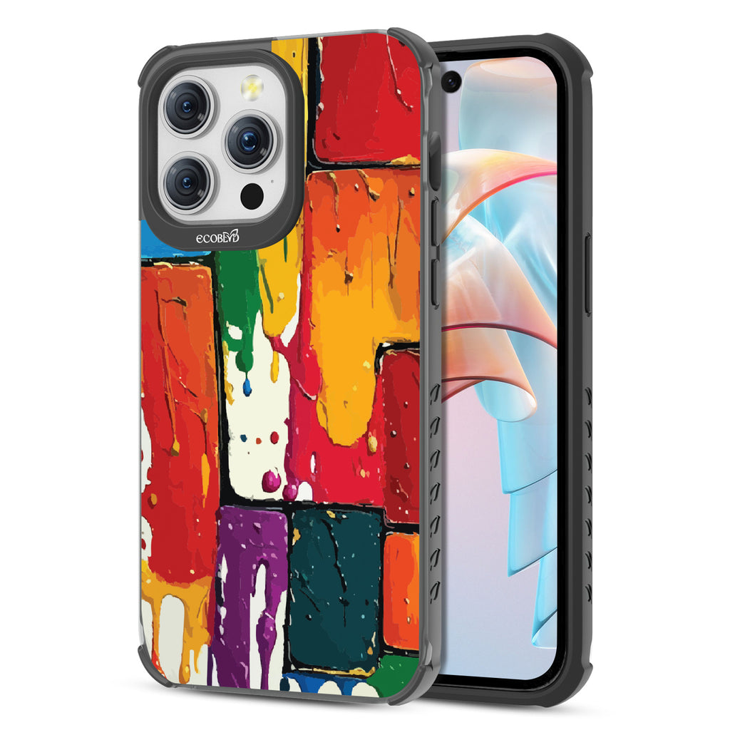 Front and back view of iPhone 15 Pro Max case, clear compostable phone case with black ridges, Color Me Mine design