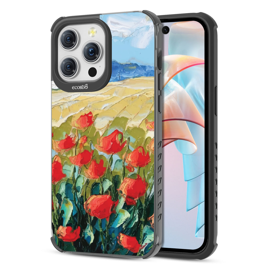 Front and back view of iPhone 15 Pro Max case, clear compostable phone case with black ridges, Sleepy Bloom design