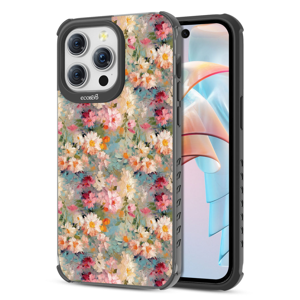 Front and back view of iPhone 15 Pro Max case, clear compostable phone case with black ridges, Perennial design