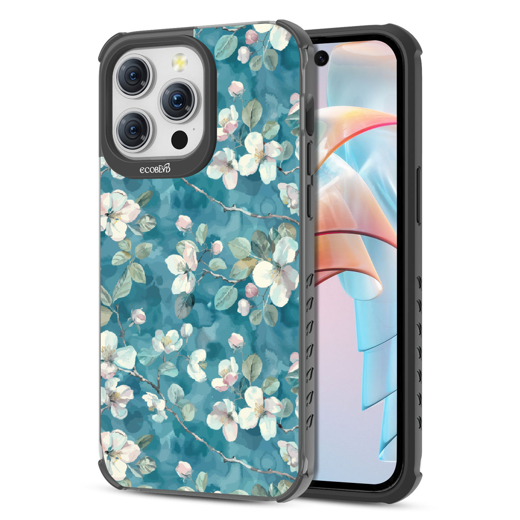 Front and back view of iPhone 15 Pro Max case, clear compostable phone case with black ridges, Sway & Sprout design