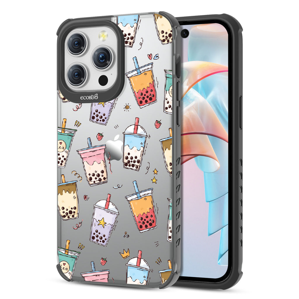 Front and back view of iPhone 15 Pro Max case, clear compostable phone case with black ridges, Best-Teas design
