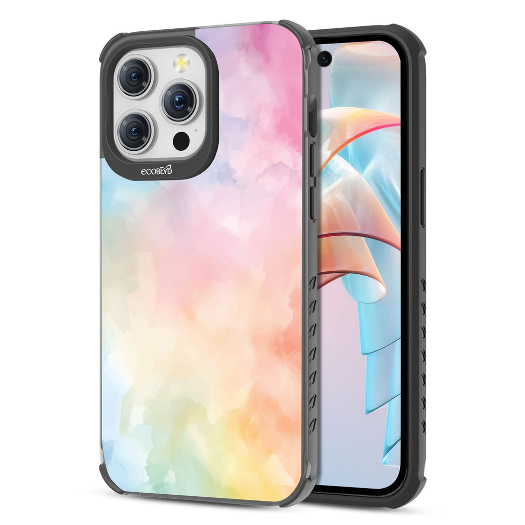 Front and back view of iPhone 15 PRo Max case, clear compostable phone case with black ridges, Painted Skies design