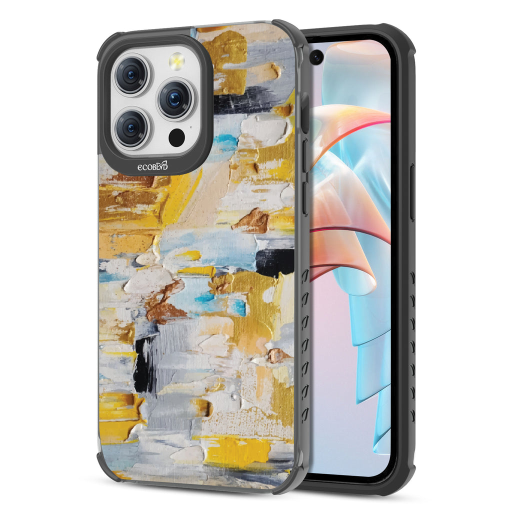 Front and back view of iPhone 15 Pro Max case, clear compostable phone case with black ridges, Lighten Up design