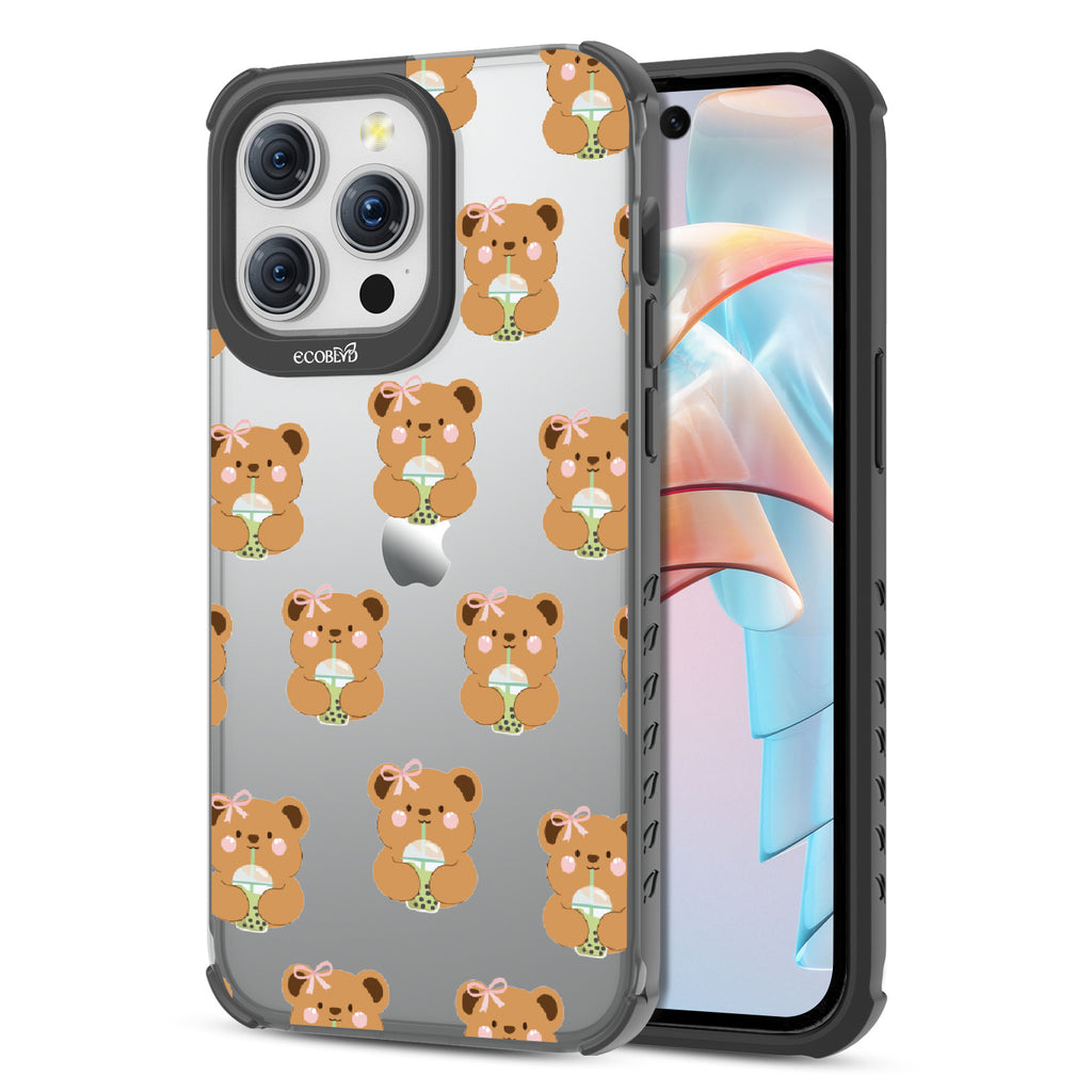 Front and back view of iPhone 15 Pro Max case, clear compostable phone case with black ridges, Bear-ista Approved design