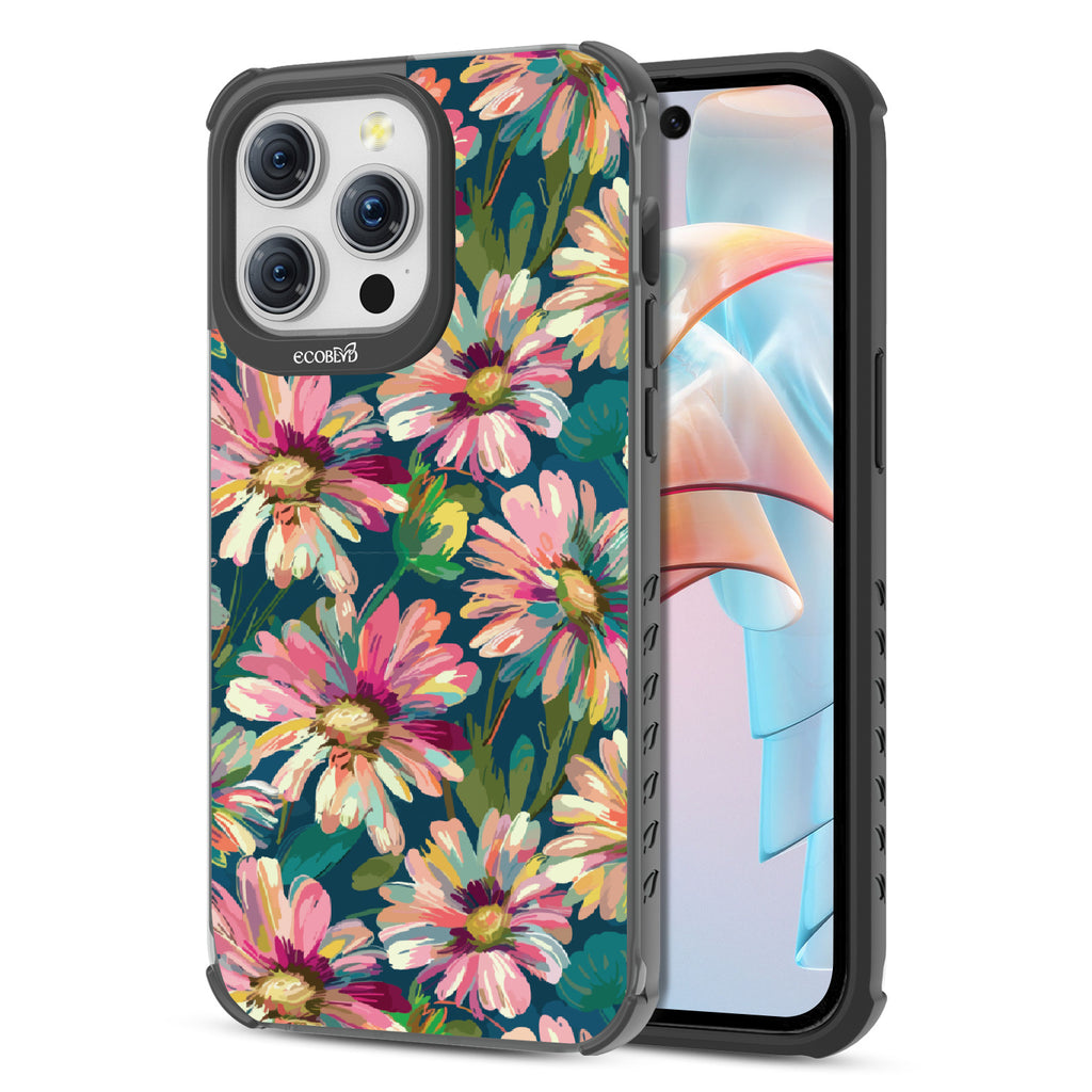 Front and back view of iPhone 15 Pro Max case, clear compostable phone case with black ridges, Daisy Dusk design