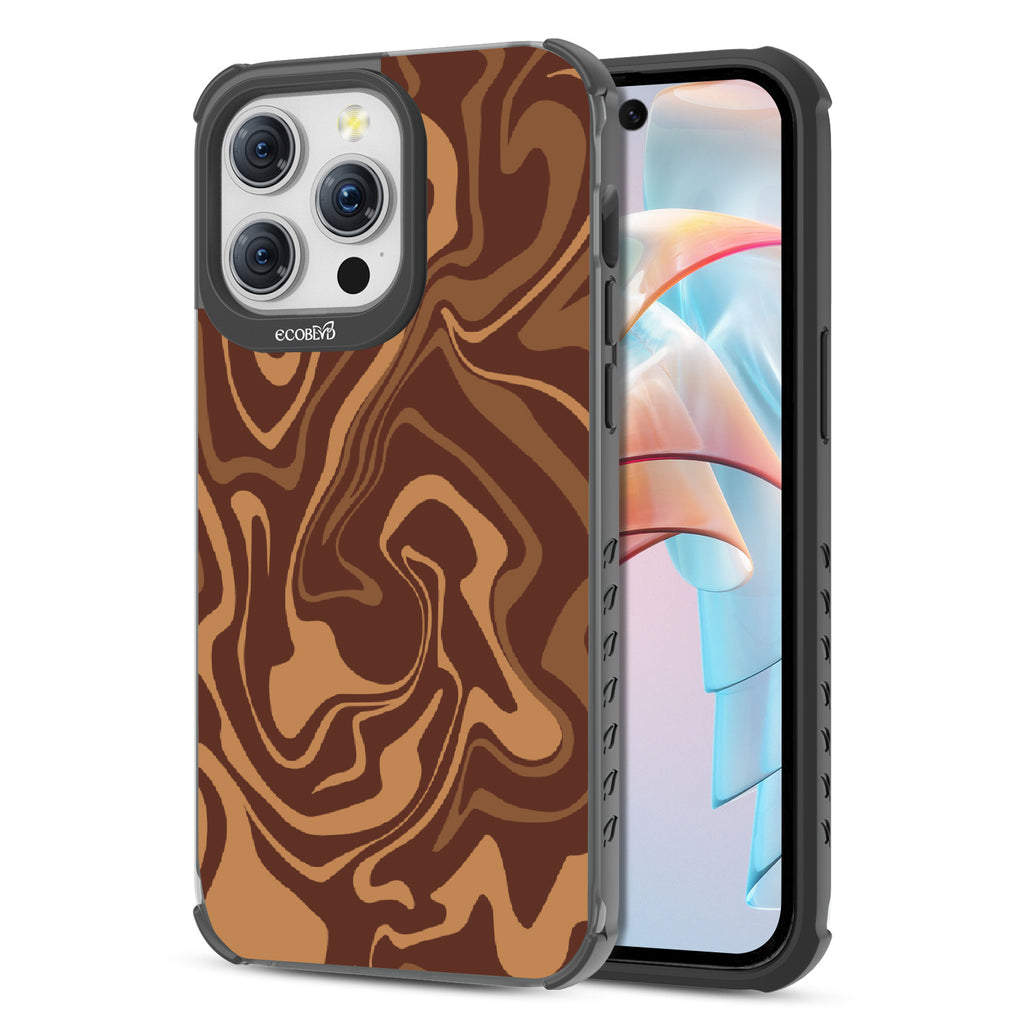 Front and back view of iPhone 15 Pro Max case, clear compostable phone case with black ridges, Stirred & Swirled  design