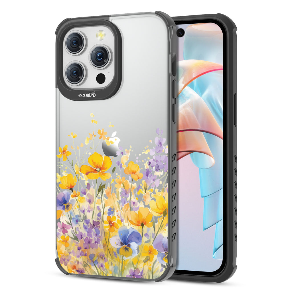 Front and back view of iPhone 15 Pro Max case, clear compostable phone case with black ridges, Meadowlight design