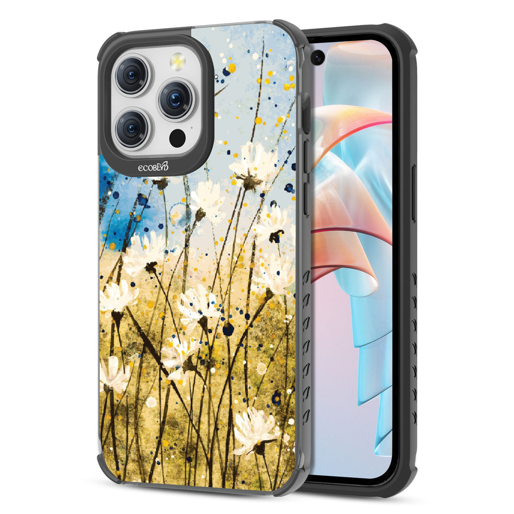 Front and back view of iPhone 15 Pro Max case, clear compostable phone case with black ridges, Dandelion Dance design
