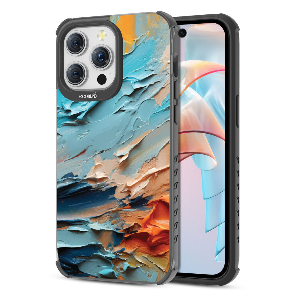 Front and back view of iPhone 15 Pro Max case, clear compostable phone case with black ridges, Frame of Mind design