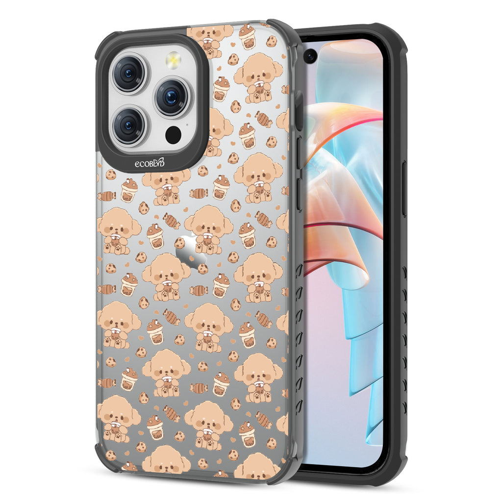 Front and back view of iPhone 15 Pro Max case, clear compostable phone case with black ridges, Pupaccino design