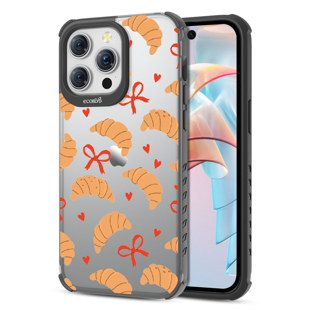 Front and back view of iPhone 15 Pro Max case, clear compostable phone case with black ridges, Croissant Couture  design