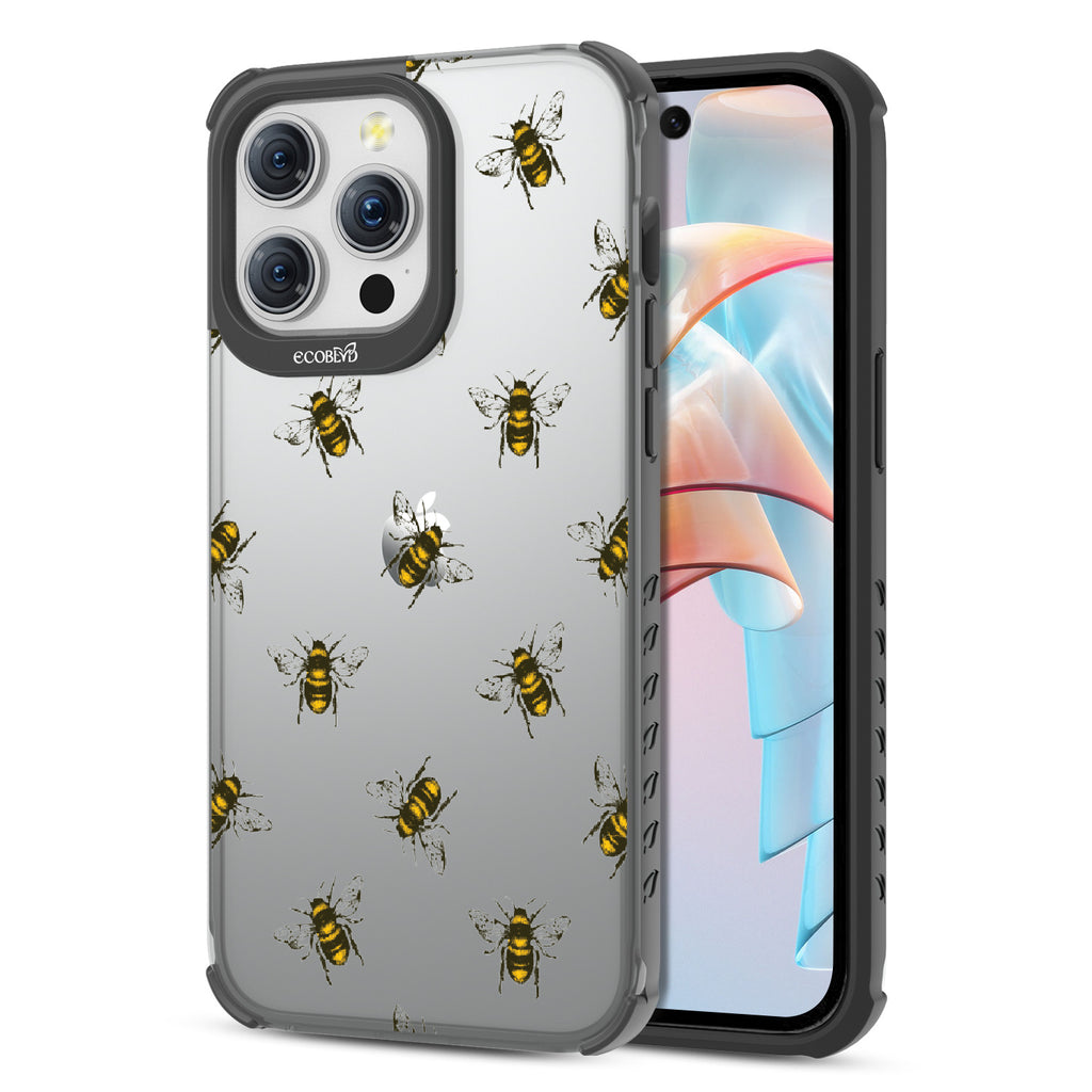 Bees - Back View Of Eco-Friendly iPhone 15 Pro Clear Case With Black Rim & Front View Of Screen