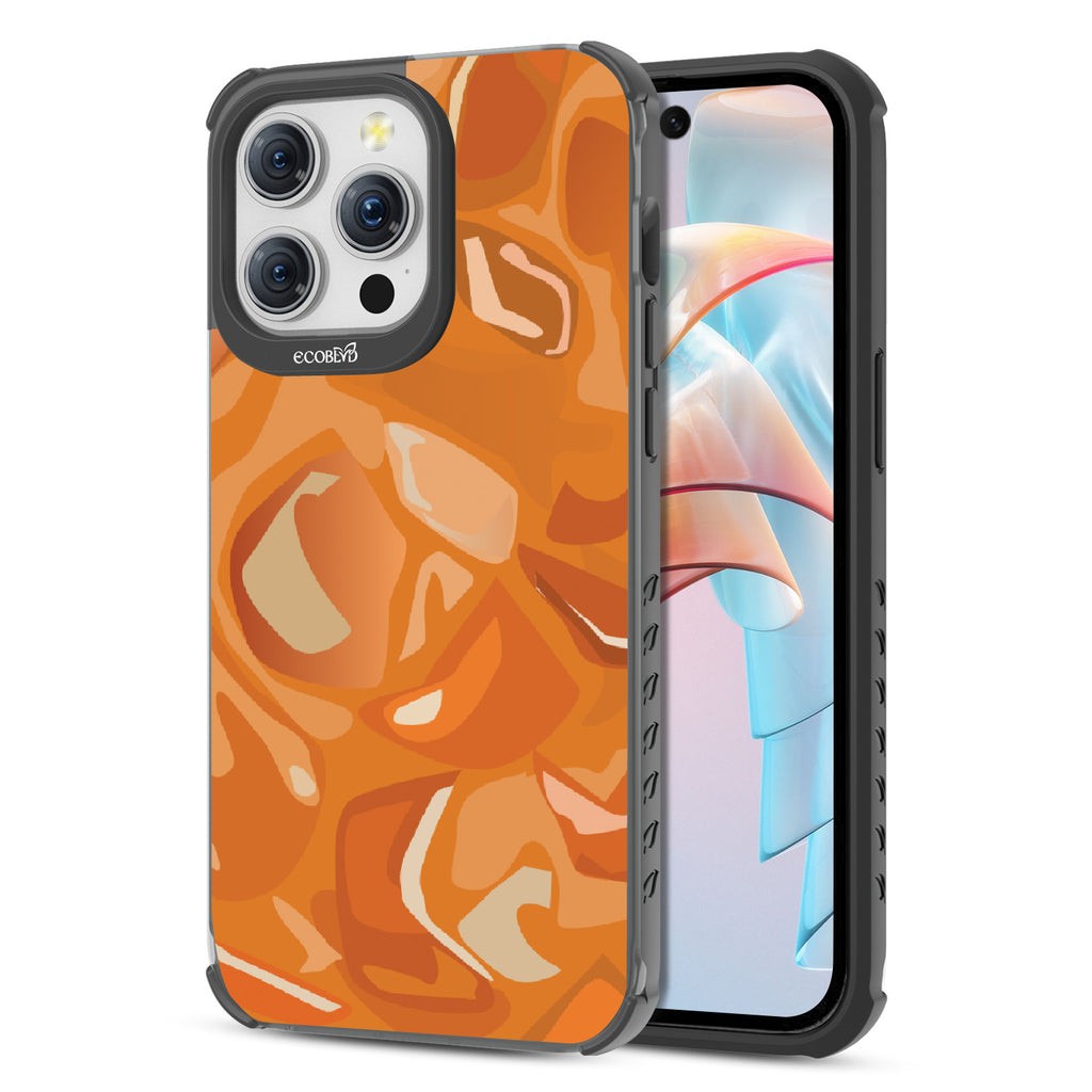 Front and back view of iPhone 15 Pro Max case, clear compostable phone case with black ridges, Cream & Sugar design