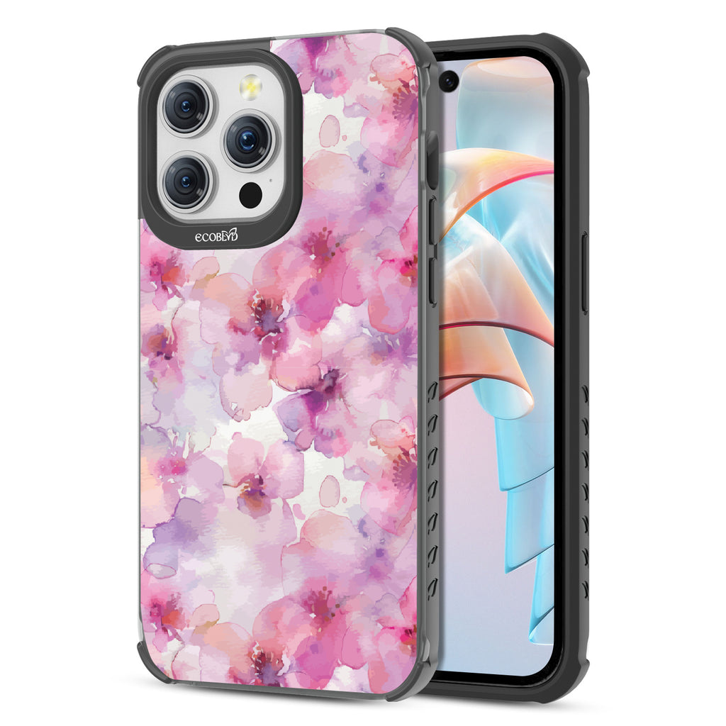 Front and back view of iPhone 15 Pro Max  case, clear compostable phone case with black ridges, Rosewater design