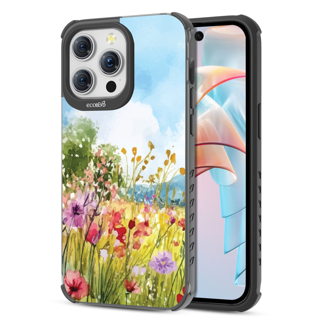 Front and back view of iPhone 15 Pro Max case, clear compostable phone case with black ridges, Everwild design