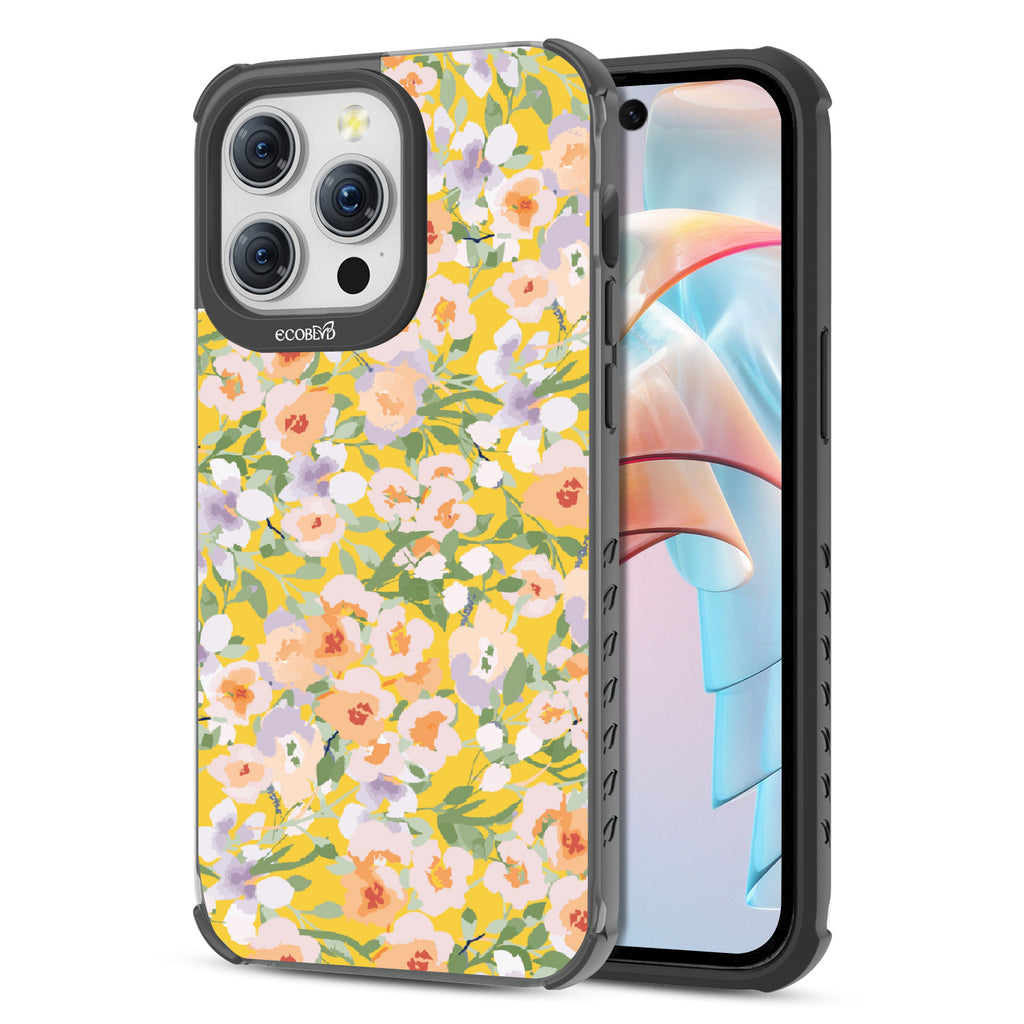 Front and back view of iPhone 15 Pro Max case, clear compostable phone case with black ridges, Flourish & Shine design