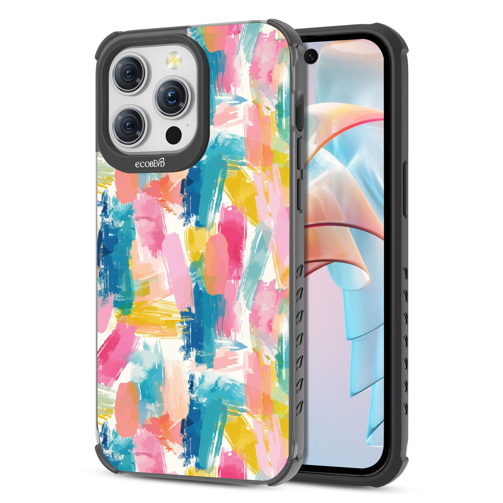 Front and back view of iPhone 15 Pro Max case, clear compostable phone case with black ridges, Blurred Beauty design