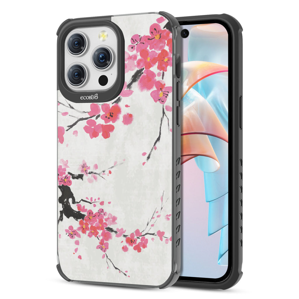 Front and back view of iPhone 14 Plro Max case, clear compostable phone case with black ridges, Sakura Season design