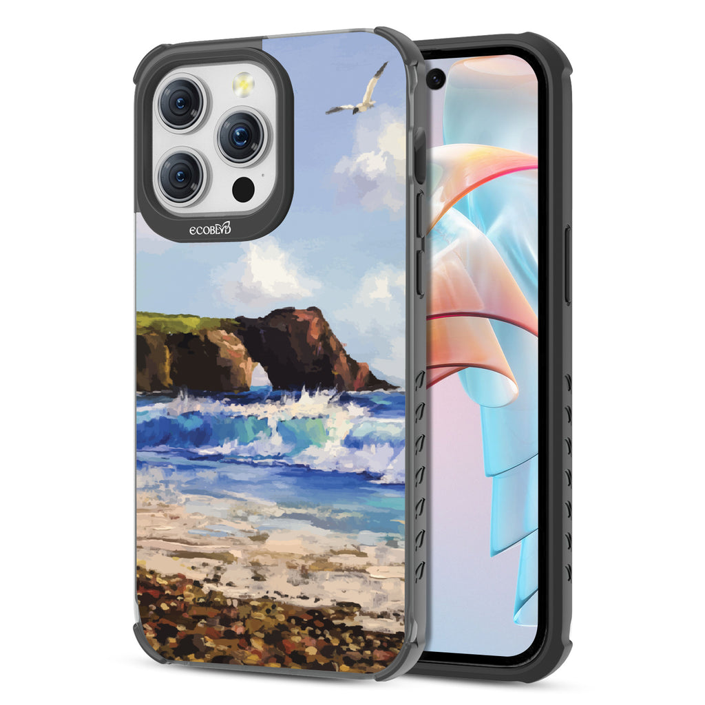 Front and back view of iPhone 15 Pro Max case, clear compostable phone case with black ridges, Cliffhanger design