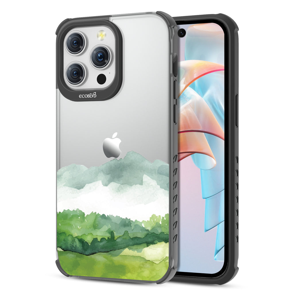 Front and back view of iPhone 15 Pro Max case, clear compostable phone case with black ridges, Open Horizon design