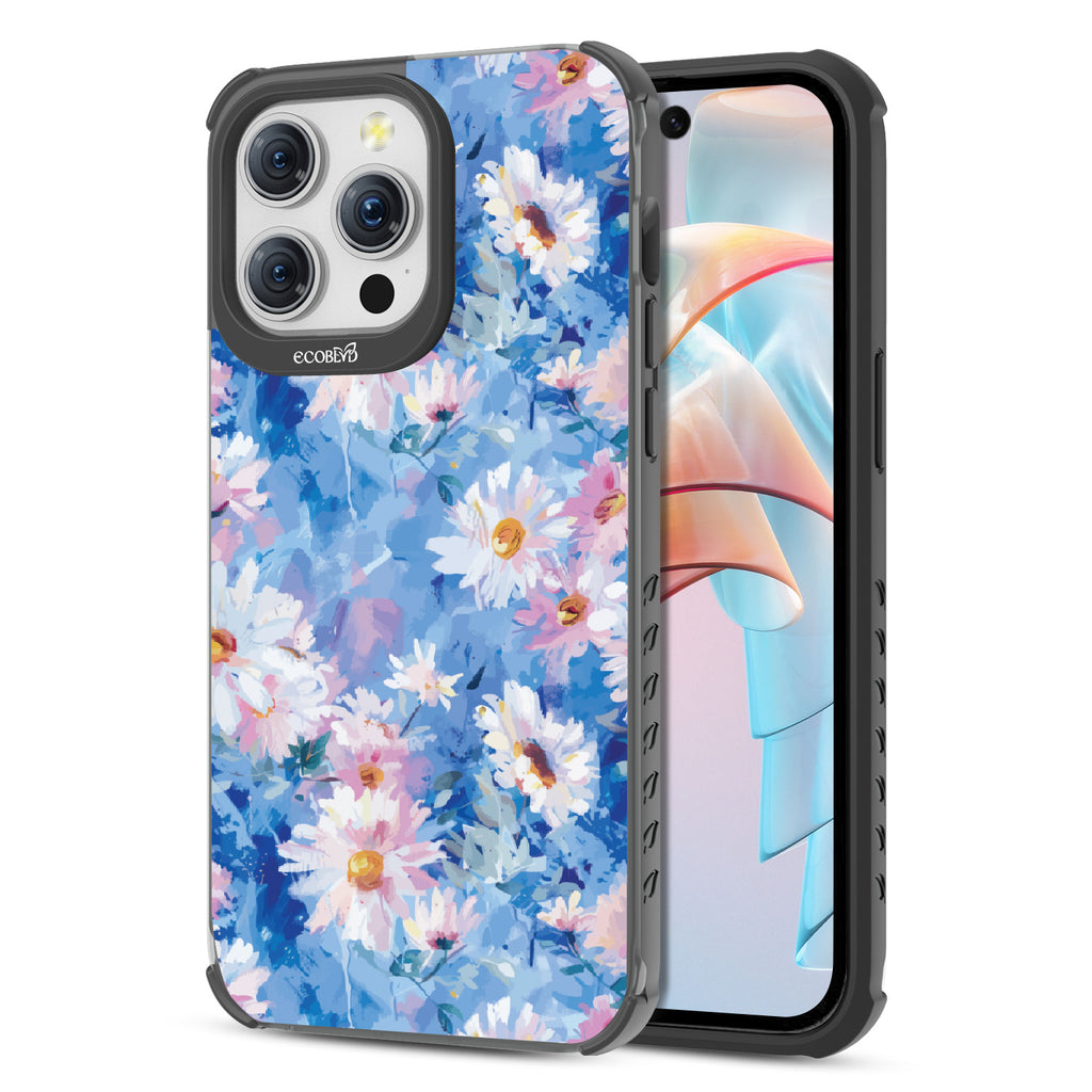 Front and back view of iPhone 15 Pro Max case, clear compostable phone case with black ridges, Blown Away design