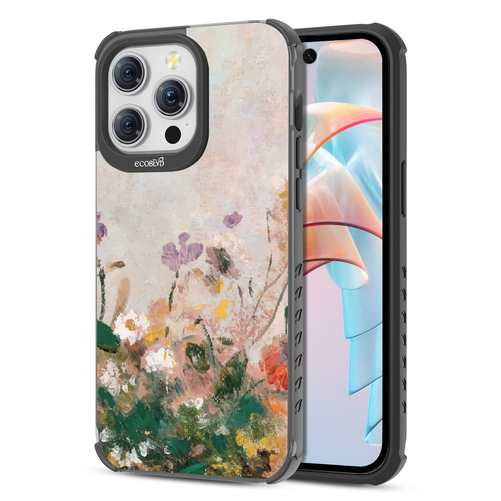 Front and back view of iPhone 15 Pro Max case, clear compostable phone case with black ridges, Wild Grace design