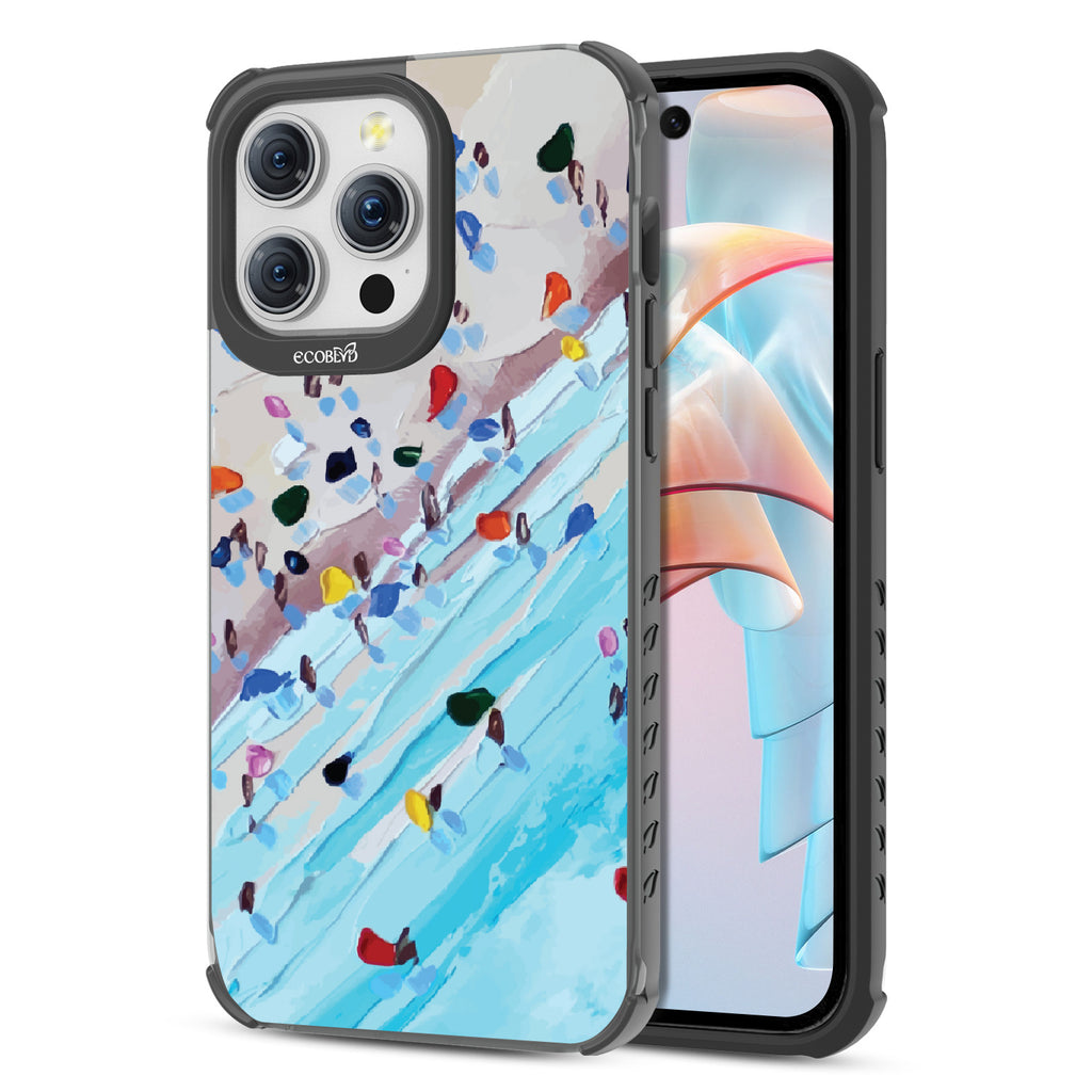 Front and back view of iPhone 15 Pro Max case, clear compostable phone case with black ridges, Waves of Color design