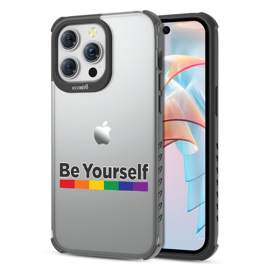 Be Yourself - Back View Of Eco-Friendly iPhone 15 Pro Max Clear Case With Black Rim & Front View Of Screen