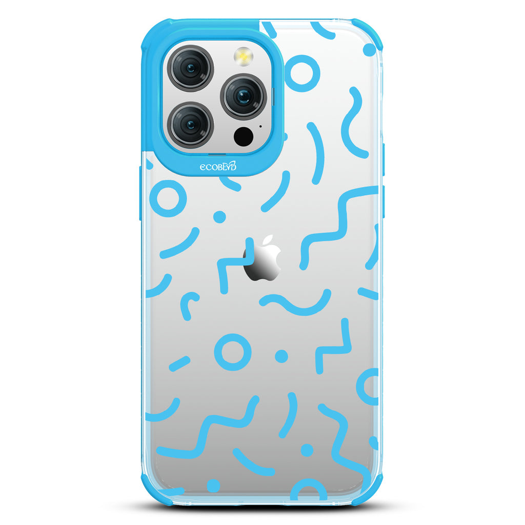 90?€?s Kids - Retro 90's Lines & Squiggles - Eco-Friendly Clear iPhone 15 Pro Max Case With Blue Rim 