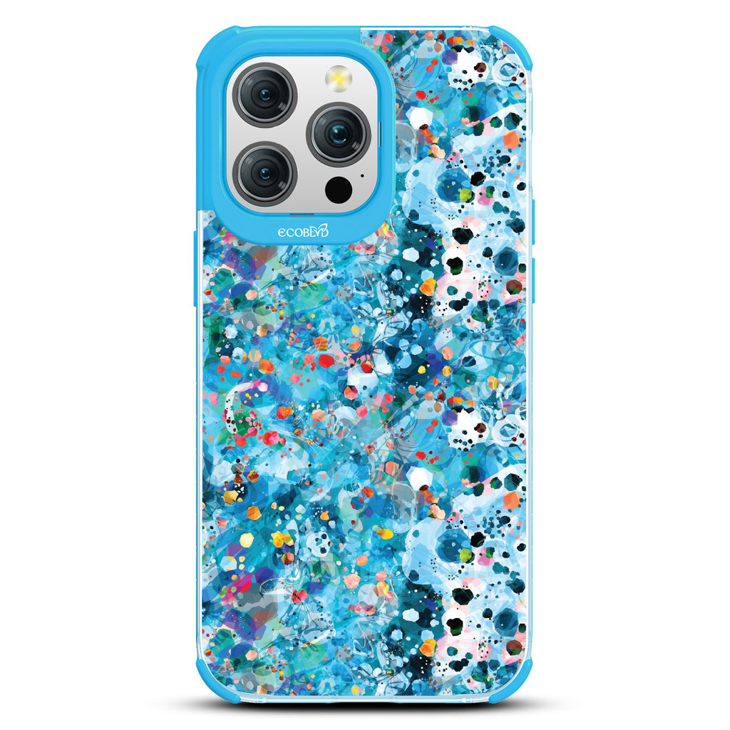 iPhone 15 Pro Max case, clear eco-friendly phone case with blue ridges, back view, Brushed By The Tide design