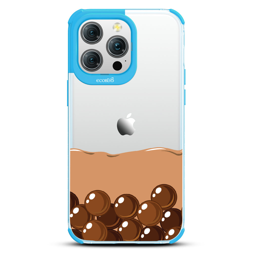 iPhone 15 Pro Max case, clear eco-friendly phone case with blue ridges, back view, Brown Sugar Boba design