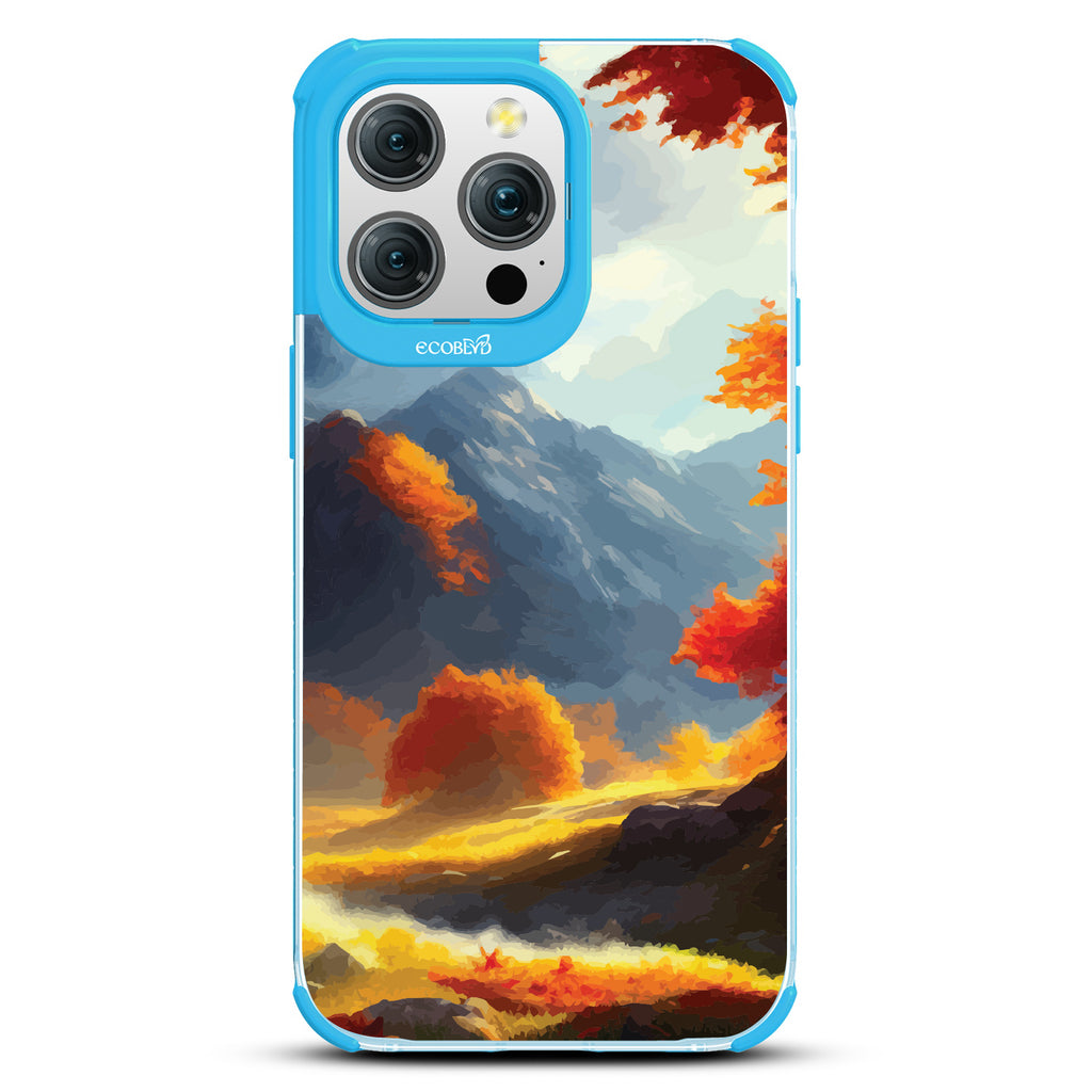 Autumn Canvas - Watercolored Fall Mountain Landscape - Eco-Friendly Clear iPhone 15 Pro Max Case With Blue Rim 
