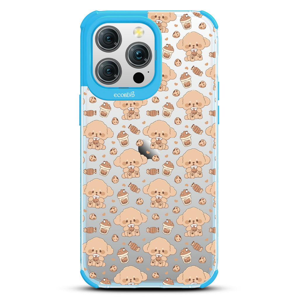 iPhone 15 Pro Max case, clear eco-friendly phone case with blue ridges, back view, Pupaccino design