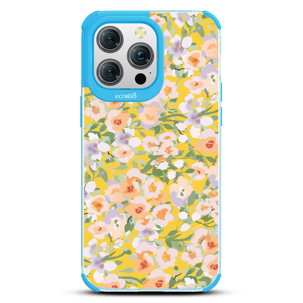 iPhone 15 Pro Max case, clear eco-friendly phone case with blue ridges, back view, Flourish & Shine design