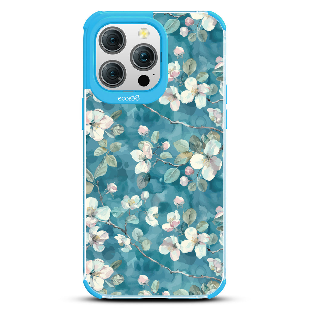 iPhone 15 Pro Max case, clear eco-friendly phone case with blue ridges, back view, Sway & Sprout design