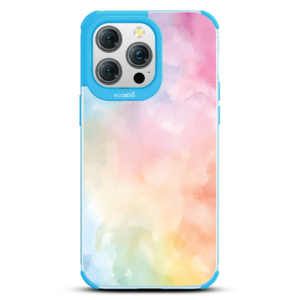 iPhone 15 Pro Max case, clear eco-friendly phone case with blue ridges, back view, Painted Skies design
