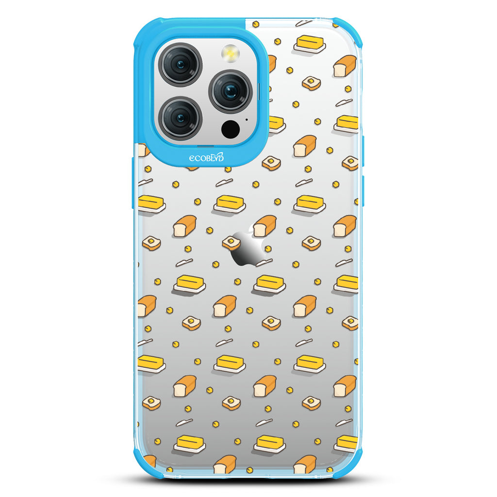 iPhone 15 Pro Max case, clear eco-friendly phone case with blue ridges, back view, Butter Me Up design