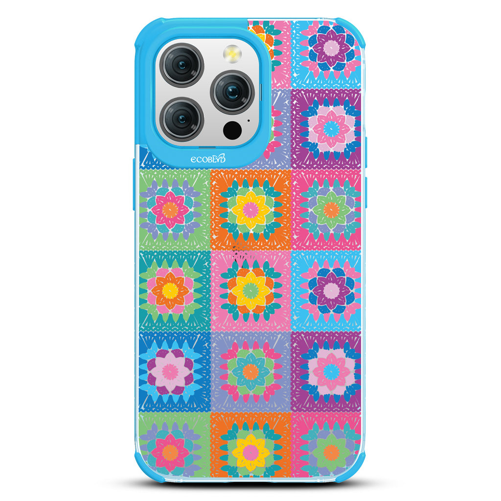 All Squared Away - Pastel Vintage Granny Squares Crochet - Eco-Friendly Clear iPhone 15 Pro Max Case With Blue Rim 